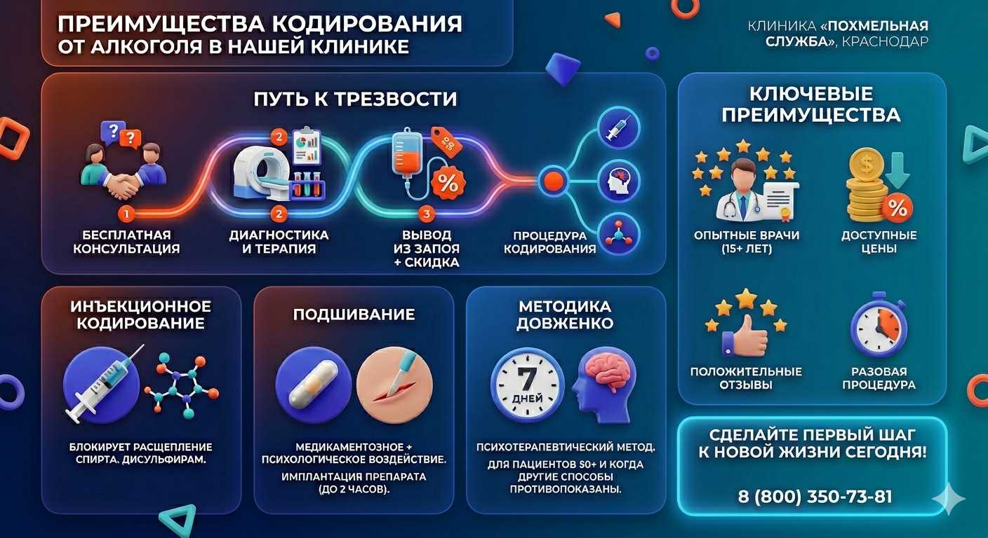 Инфографика о методах кодирования от алкоголя в Горячеводском: инъекции, подшивание, метод Довженко. Преимущества клиники и этапы лечения.