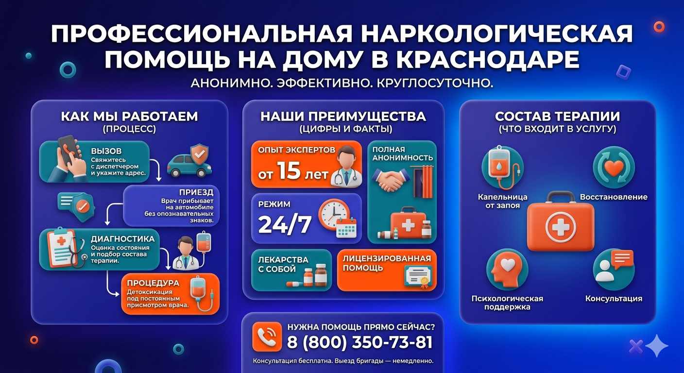 Инфографика о принципах лечения алкоголизма на дому в Горячеводском: этапы вызова нарколога, преимущества анонимной детоксикации и состав медицинской помощи.